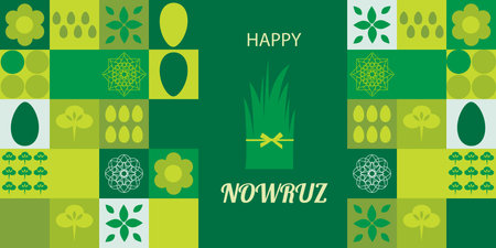 Postcard with Novruz holiday. Novruz Bayram background template. Spring flowers, painted eggs and wheat germ. geometric mosaic. Festive banner. vectorのイラスト素材