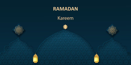 Ramadan Kareem, islamic arabic background with blue arch. vector illustrationのイラスト素材