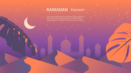 Ramadan Kareem design in modern art style in pastel gradient colors. Banner with sand dunes, moon and stars against the sky. vector illustrationのイラスト素材