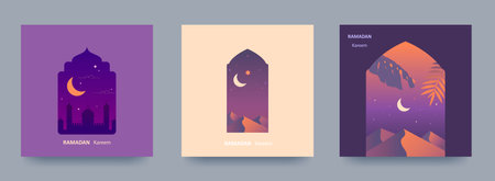 Ramadan Kareem Set of posters, holiday covers, flyers. Modern design in pastel colors with mosque, crescent moon, dune sands, arched windows. vector illustrationのイラスト素材