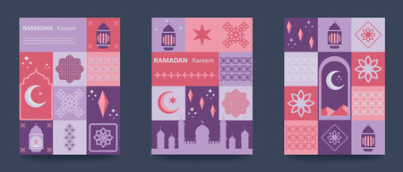 Ramadan Kareem. Ramadan greeting card template set. Traditional patterns and elements. Mosaic geometric illustration. Poster, media banner. vector illustrationのイラスト素材
