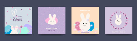 Happy Easter Set of vector easter cards with easter colorful eggs, bunny, patterns. vector illustrationのイラスト素材