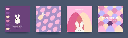 happy easter. Set of spring holiday cards with rabbit, eggs and flowers. backgrounds in pastel colors. Mosaic style. vector illustrationのイラスト素材