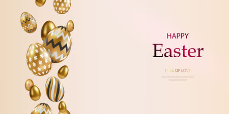 Happy Easter golden eggs with a geometric pattern on a light background. Gift card voucher template, modern poster, creative banner. vector illustrationのイラスト素材