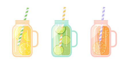Set for a cocktail, freshly squeezed juices. Fruits,citruses, glass, straws Vector illustrationのイラスト素材