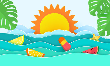 Sea waves and tropical leaves in paper art style. Poster with summer holidays in paper design. Vector illustration.のイラスト素材