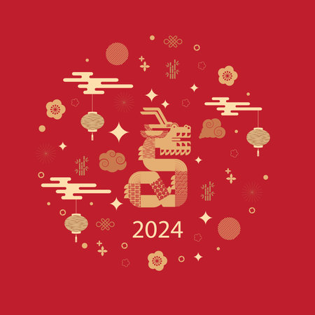 Chinese New Year 2024, Year of the Dragon, zodiac. Banner template for Chinese New Year with dragon and traditional patterns. Minimalistic style. Vectorのイラスト素材