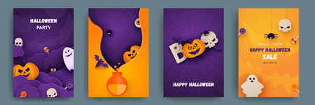 Halloween party invitations, greeting cards or posters. Set of cute pumpkins, bats and spiders. Paper cut style. Vector illustrationのイラスト素材