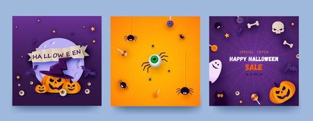 Halloween party invitations, greeting cards or posters. Set of cute pumpkins, bats and spiders. Design template for advertising, internet, social networks. Paper cut style. Vector illustrationのイラスト素材