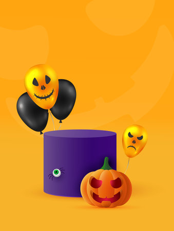 A cylindrical podium or plinth on a minimum stage area. Mockup studio for product presentation, branding design. Halloween background. Vector illustration.のイラスト素材