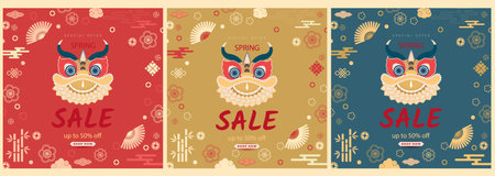 Chinese New Year 2024, modern art design in gold and red color for card, poster, banner. Chinese zodiac symbol of the Dragon. A set of postcards in different colors. Vector illustrationのイラスト素材
