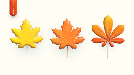 Set of autumn leaves. Autumn leaves on a white background, 3D rendering graphic style. Maple and chestnut. Vector illustrationのイラスト素材