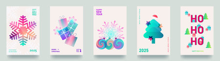 Set of colorful cards, flyers, posters for the New Year 2025. Christmas greetings. Modern minimalist style. Gradient colors. Vectorのイラスト素材