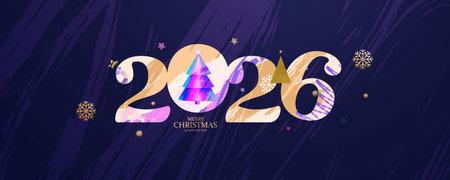 Festive banner with the inscription Merry Christmas and Happy New Year and numbers executed in ink...