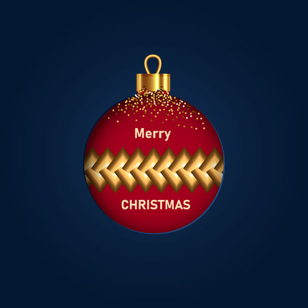 Merry Christmas and Happy New Year. Paper cut and embossed design featuring a red Christmas ornament with blue background accents. Christmas ball. Vector illustration.のイラスト素材