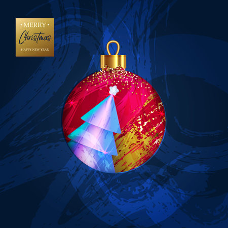 Merry Christmas and Happy New Year Christmas and New Year card with a paper-cut Christmas tree bauble. Christmas tree and bauble. Vector illustrationのイラスト素材