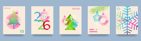 A set of bright Christmas cards. Brush strokes, vibrant gradients, and Christmas decorations. Trendy, minimalist, and vibrant designのイラスト素材