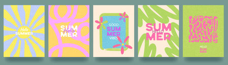 An abstract set of greeting cards with the inscription Summer Atmosphere. Hand-drawn waves, leaves, and flowers in boho style. Template for packaging, banners, and advertising. Vector illustration.