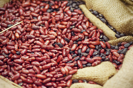 Red kidney beans in sack bag in the barnの写真素材