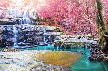 Pang Sida beautiful waterfall in tropical forest of national park, Thailandの写真素材