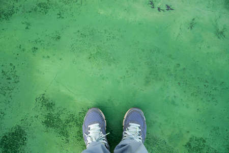 Top view of footwear above floor and green backgrounds