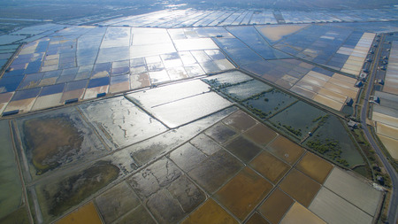 Aerial shot of colorful salt-pond in Ban Laem,Phetchaburi province,Thailandの写真素材