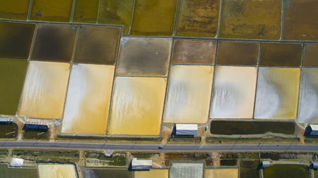 Aerial shot of colorful salt-pond in Ban Laem,Phetchaburi province,Thailandの写真素材