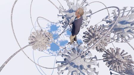 COVID-19 or coronavirus 2019 with a old man corona virus with particles, Corona virus 3d rendering.の写真素材