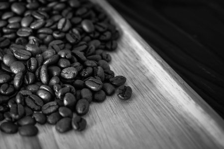 Coffee Beans in the wood trayの写真素材