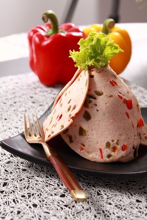 Ham, vegetables and beverages. の写真素材