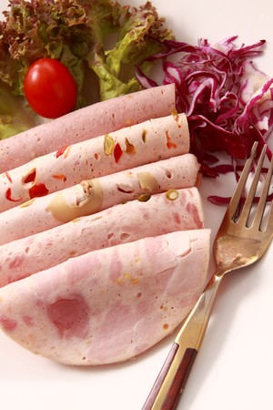 Ham, vegetables and beverages. の写真素材