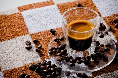 espresso coffee shot with coffee beans.の写真素材