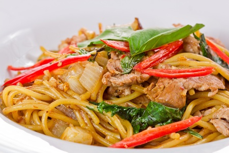 Pasta spicy thai style close up. の写真素材