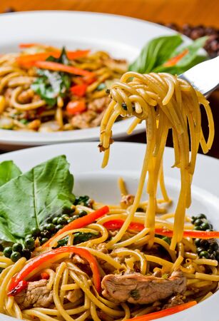 Pasta leaves on a fork. の写真素材