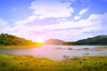 landscape of lake and mountain with blue sky background, nature backgroundの写真素材