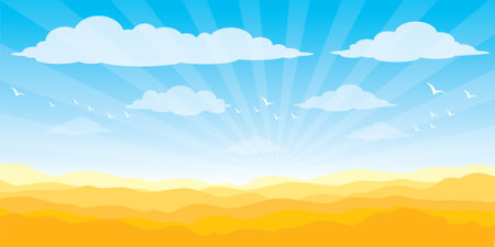 Beautiful landscape with yellow hills, blue sky and white clouds. Vector illustration.のイラスト素材