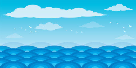 Blue sea and seagulls in the sky. Vector illustrationのイラスト素材