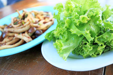 Spicy mushroom salad with lettuce green の写真素材
