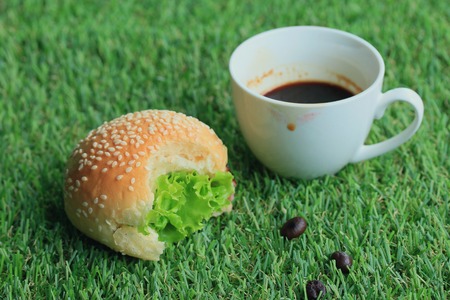 hamburger with hot coffeeの写真素材