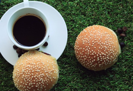 hamburger with hot coffeeの写真素材