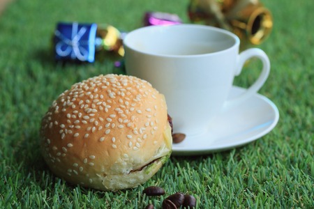 hamburger with hot coffeeの写真素材
