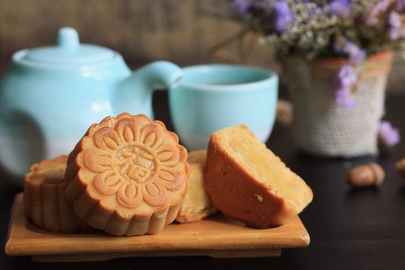 Festival moon cake and hot tea - Chinese cake