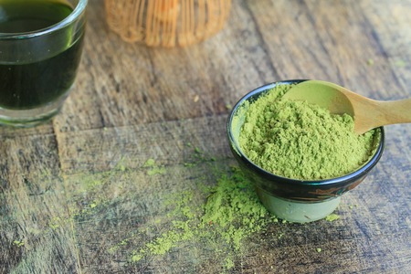 hot green tea with powderの写真素材