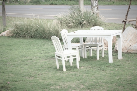 White wooden lawn tableの写真素材