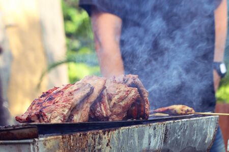 pork ribs on barbecue grillの写真素材