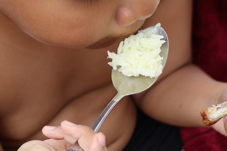 Fat boys eating chicken with riceの写真素材