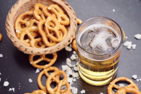 Salted pretzels with beerの写真素材