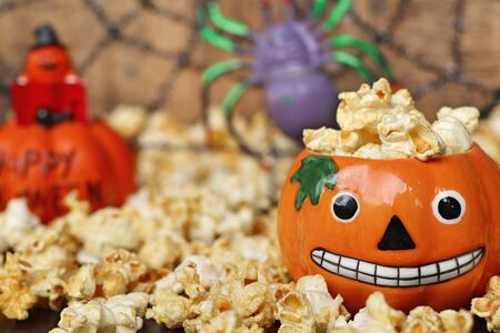 halloween popcorn with artificial spiderの写真素材