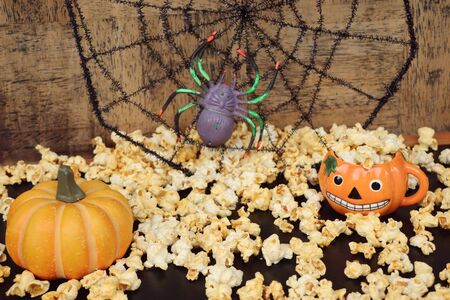 halloween popcorn with artificial spiderの写真素材