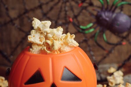 halloween popcorn with artificial spiderの写真素材